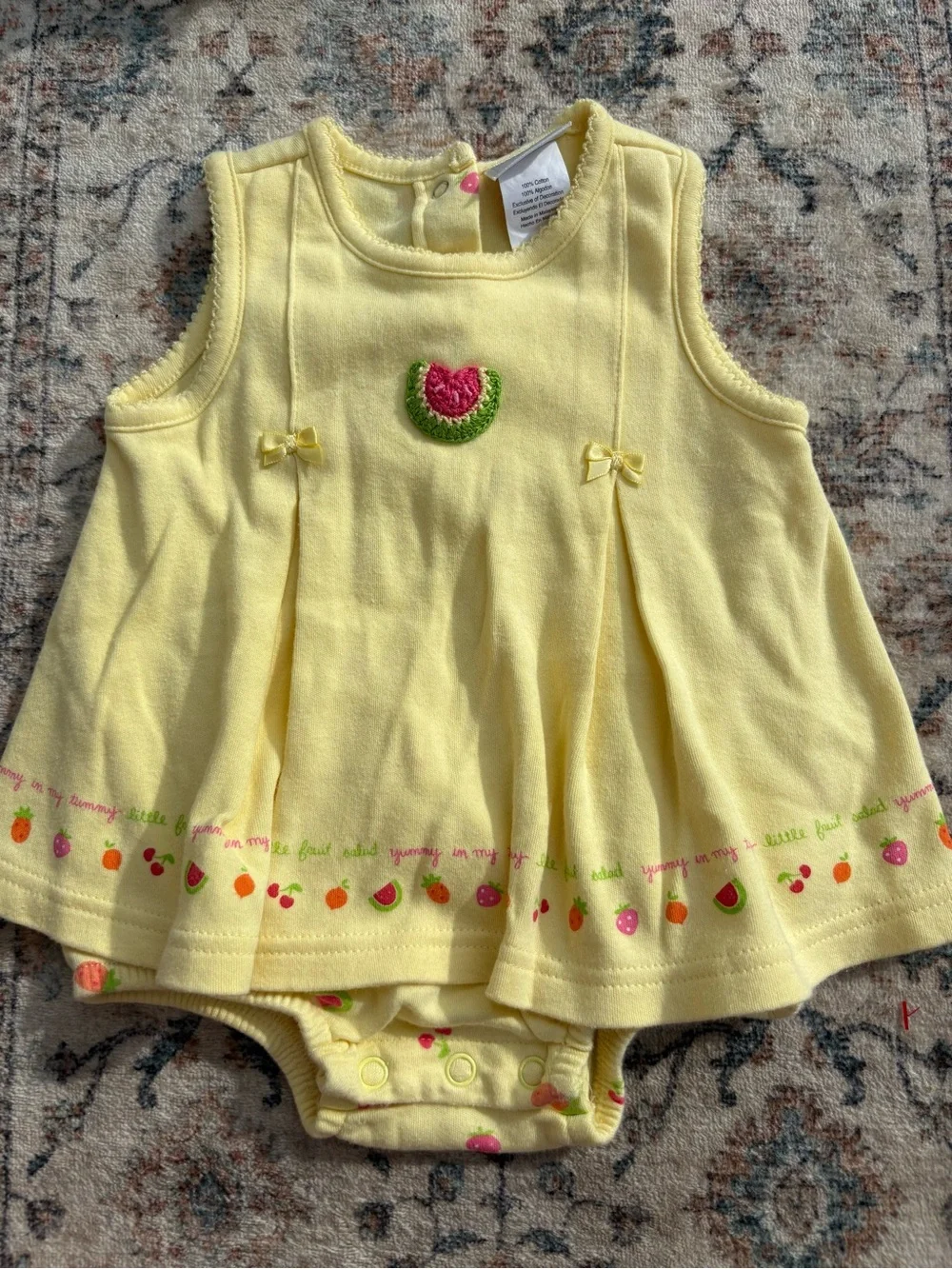 Yellow Vintage Carters 0/3m Baby Girls' Sleeveless Fruit Appliqué Onesie Dress